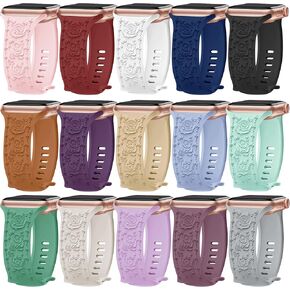 15 Pack Floral Engraved Bands Compatible with Apple Watch Band 49mm 46mm 45mm 44mm 42mm 41mm 40mm 38mm for Women Men, Flower Silicone Strap for iWatch Series Ultra 10 9 8 SE 7 6 5 4 3 2 1