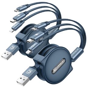 CAFELE Multi Charging Cable【Portable Charging】 3in1 Retractable Charger Cable with Type C/Micro USB/IP, 3 Way Multiple Phone Charger Cord for Phone 14 13 12 11, Samsung S23 S22 S21 S20 (4ft)-Blue