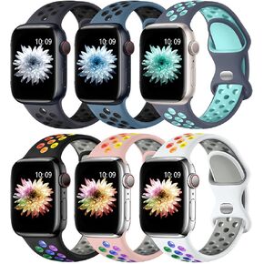 Sport Band for Apple Watch Bands 46mm 42mm 40mm 44mm 45mm 41mm 38mm Ultra 49mm Women Men,6-Pack Soft Silicone Breathable Wristband Strap for Nike iWatch Band Ultra 2 Series 10 9 8 7 6 5 4 3,SE/2nd