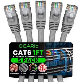 GearIT Cat 6 Ethernet Cable (5-Pack 1 Foot) Cat6 Network Patch, 10Gbps, RJ45, Snagless Cord, Gold-Plated Connectors, Internet for PC, TV, Tablet, Router, Printer, Servers, IT Data Center - Gray