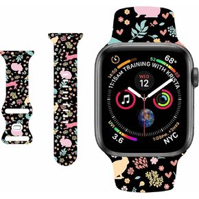 Smart Watch Band for Apple iWatch (38mm 40mm 41mm), Beautiful Easter Rabbit Bunny Leaves Sport Soft Silicone Rubber Replacement Bands Compatible with 7/6/SE/5/4/3/2/1 -M(M/L)
