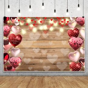 Leowefowa Valentine's Day Backdrop 10x8ft Rustic Wooden Board Red Love Heart Balloon Romantic Valentine Photography Background for Bridal Shower Wedding Anniversary Party Decor Photoshoot Props