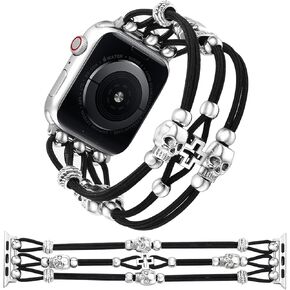 Skull Beaded Bracelet Compatible with Apple Watch Band 38/40/41/42/44/45/46/49mm Women Men, Braided Slim Elastic Stretchy Solo Loop Nylon Watch Strap for iWatch Band SE Ultra 2 Series 10 9 8 7 6 5 4 3 2 1, S/M