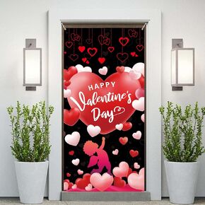Happy Valentine's Day Door Cover Banner,Valentines Day Decorations Pink and Red Heart Black Backdrop Hanging Banner for Home Door Valentine's Day Party Outdoor Indoor Decor