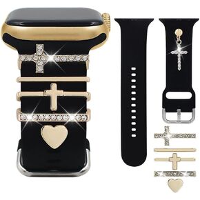Silicone Band Compatible with Apple Watch Bands Women 38 40 41 42 44 45 46 49mm,Wristband With Decorative Rings Stud Charms Pendants for iWatch Series 10 9 8 7 6 5 4 3 2 1 Ultra SE