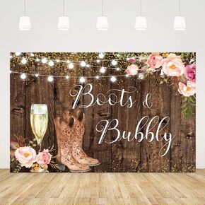 Boots and Bubbly Bridal Shower Backdrop,Rustic Brown Wood Glitter Rose Pink Flower Golden Champagne Themed Party Decorations for Wedding Decor Photo Booth Banner 5x3ft