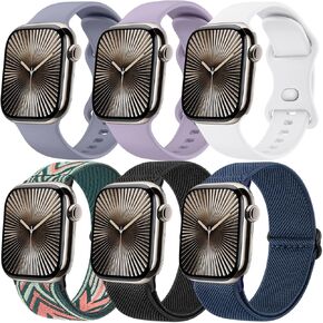 6 Pack Bands for Apple Watch Bands for Women 40mm 38mm 44mm 42mm 41mm 45mm 46mm 49mm, Breathable Nylon Elastic and Silicone Sport Band for iWatch Bands for Men Series 10 9 8 7 6 5 4 3 SE Ultra