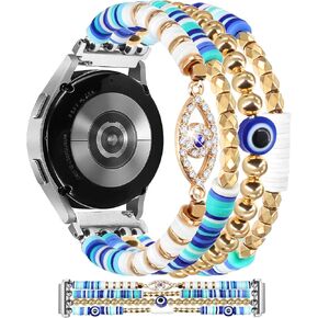 JR.DM Beaded Bracelet Compatible with Samsung Galaxy Watch 6/5/4 Band 40mm 44mm, Galaxy Watch 5 Pro 45mm, Active 2, Watch 4 Classic 42mm 46mm Band Women, 20mm Evil Eye Jewelry Handmade Elastic Band