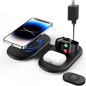 3 in 1 Foldable Wireless Charging Station for Apple Fast Wireless Charger for iPhone 16 15 14 13 Pro Max& for Apple Watch Charger Wireless Charging Pad for Multiple Devices for AirPods 4 3 Pro(Black)
