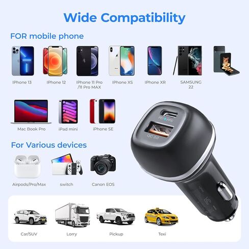 شاحن هاتف السيارة 2 في 1 [PD 36W و QC 15W] 51W USB C محول شاحن السيارات الشحن السريع ، هدية للنساء ، متوافقة مع Samsung Galaxy S24/S23/S22/S21 in Kuwait