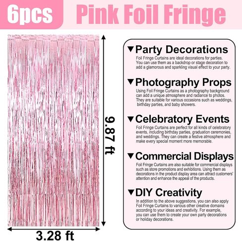 6 Pack Pink Foil Fringe Curtain Backdrop, 3.28Ft x 9.8Ft Metallic Tinsel Foil Fringe Streamer Curtains for Photo Booth, Christmas Day, Thanksgiving, Wedding, New Year Party Decorations in Saudi Arabia