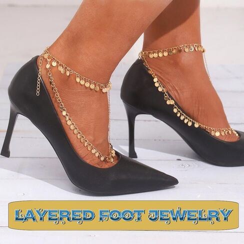 2 قطعة سلسلة قدم من الترتر الذهبي بوهو خلخال مطرز بطبقات من الشرابة صنادل حفاة القدم للنساء in Kuwait