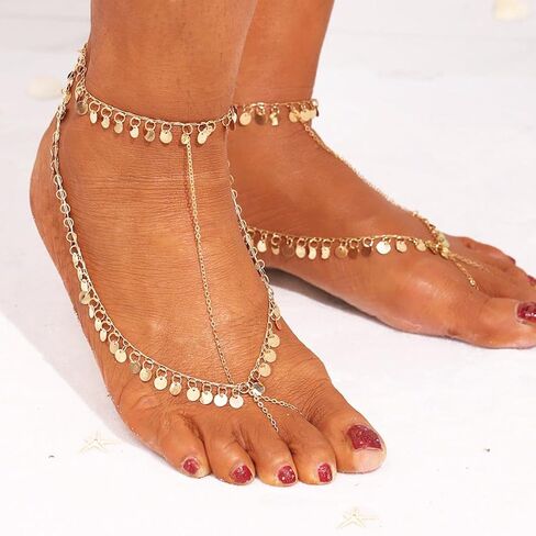 2 قطعة سلسلة قدم من الترتر الذهبي بوهو خلخال مطرز بطبقات من الشرابة صنادل حفاة القدم للنساء in Kuwait
