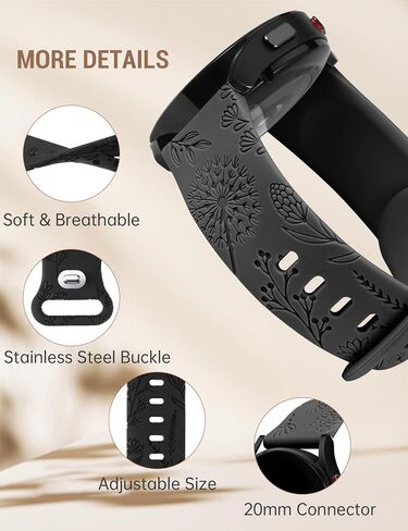 W-RARA 3 Pack Floral Engraved Band Compatible with Samsung Galaxy Watch 6/5/4/Active 2 40mm 44mm/Watch 5 Pro 45mm/Watch 6 Classic/Watch 3 41mm Women, 20mm Cute Soft Silicone Flower Pattern Sport Strap in Saudi Arabia