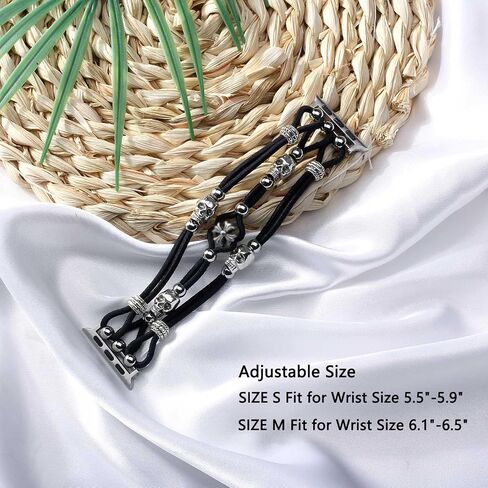 Skull Beaded Bracelet Compatible with Apple Watch Band 38/40/41/42/44/45/46/49mm Women Men, Braided Slim Elastic Stretchy Solo Loop Nylon Watch Strap for iWatch Band SE Ultra 2 Series 10 9 8 7 6 5 4 3 2 1, S/M in Kuwait