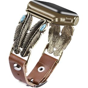 Bracelet Compatible with Apple Watch Band 38mm 40mm 41mm 44mm 42mm 45mm 49mm iWatch Series 8 7 6 5 4 3 2 1 SE Ultra Women, Luxury Designer Dressy Western Jewelry Strap with Leather Wrap