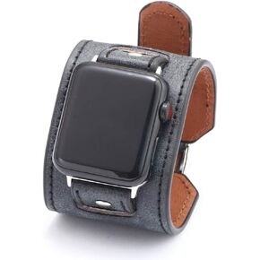 NIGHTCRUZ Compatible with Leather Apple Watch Band - Wide Leather Adjustable Bracelet for Apple Watch Series 5/4/3 (Black, 38mm/40mm)