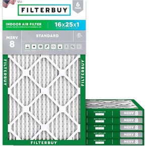 مرشح هواء Filterbuy 16x25x1 MERV 8 Dust Defense (6 عبوات)، استبدال مرشحات هواء فرن HVAC AC المطوية (الحجم الفعلي: 15.50 × 24.50 × 0.75 بوصة)