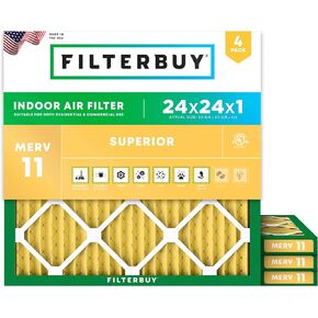 Filterbuy 24x24x1 فلتر هواء MERV 11 دفاع عن الحساسية (4 عبوات)، استبدال مرشحات هواء فرن HVAC AC المطوية (الحجم الفعلي: 23.38 × 23.38 × 0.75 بوصة)