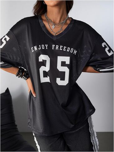 SOLY HUX Jersey Shirts for Women Oversized T-Shirt Jersey Top Graphic V Neck T-Shirts for Teen Girls Casual Football Tee Tops in Saudi Arabia