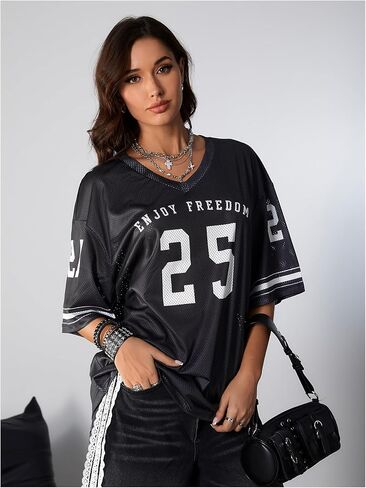 SOLY HUX Jersey Shirts for Women Oversized T-Shirt Jersey Top Graphic V Neck T-Shirts for Teen Girls Casual Football Tee Tops in Saudi Arabia