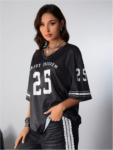SOLY HUX Jersey Shirts for Women Oversized T-Shirt Jersey Top Graphic V Neck T-Shirts for Teen Girls Casual Football Tee Tops in Saudi Arabia