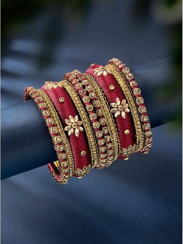 Aheli Traditional Gold Plated 2.6 Inch Cream Silk Thread & Stone Studded Chuda Bangles Ethnic Stylish Fashion Jewelry Gift for Women in Saudi Arabia