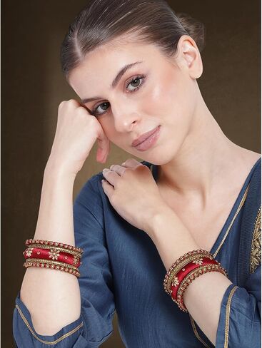 Aheli Traditional Gold Plated 2.6 Inch Cream Silk Thread & Stone Studded Chuda Bangles Ethnic Stylish Fashion Jewelry Gift for Women in Saudi Arabia
