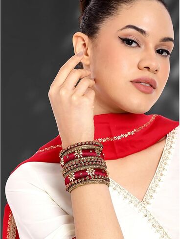 Aheli Traditional Gold Plated 2.6 Inch Cream Silk Thread & Stone Studded Chuda Bangles Ethnic Stylish Fashion Jewelry Gift for Women in Saudi Arabia