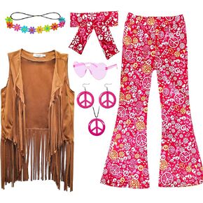 8 Pcs Girls Kids 60s 70s Hippie Costume Disco Outfits Fringe Vest Boho Bell Bottoms Hippie Outfits Accessories Set