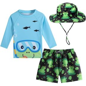 Baby Boys Swimsuit, 3-Piece Toddlers Swimsuit Trunk Long Sleeve Rashguard Swimwear and Sun Hat Set