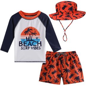 Baby Boys Swimsuit, 3-Piece Toddlers Swimsuit Trunk Long Sleeve Rashguard Swimwear and Sun Hat Set