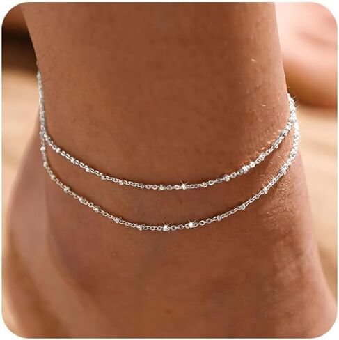 MIDEEO Gold/Sliver Ankle Bracelets for Women,14K Gold Anklets for Women Waterproof Cuban Link Heart Beads Herringbone Rhinestone Anklets Set Layered Anklet Bracelets for Women Gold Jewelry Gift in Kuwait