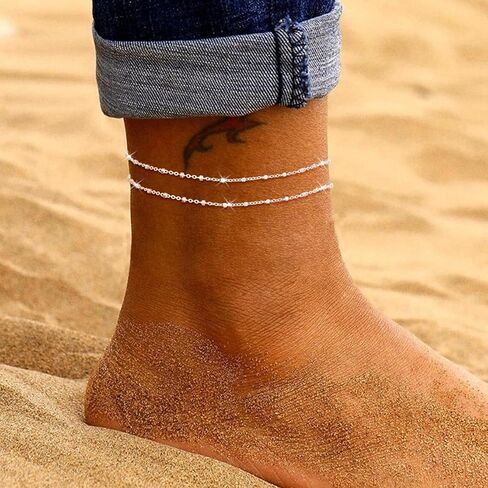 MIDEEO Gold/Sliver Ankle Bracelets for Women,14K Gold Anklets for Women Waterproof Cuban Link Heart Beads Herringbone Rhinestone Anklets Set Layered Anklet Bracelets for Women Gold Jewelry Gift in Kuwait