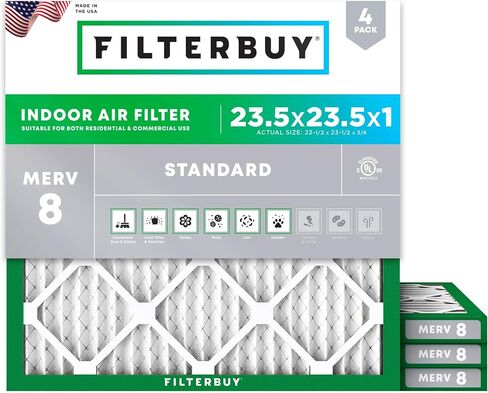 Filterbuy 14x14x1 فلتر هواء MERV 8 دفاع عن الغبار (4 عبوات)، استبدال مرشحات هواء فرن HVAC AC المطوية (الحجم الفعلي: 13.50 × 13.50 × 0.75 بوصة) in Kuwait