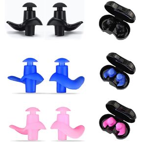 6Pairs Swimming Ear Plugs, Reusable Silicone Earplugs with Waterproof&Sound Hole Design with Storage Box for Adult Kids Surfing Swimming Showering Snorkeling (Blue, Pink, Black)