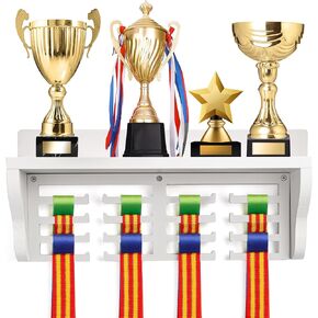 Caydo Wooden Medal Hanger Display with Shelf, White Trophy and Medal Display Shelf with 16 Hooks, 4 Rows Medal Holder for Wall for Holding Medals, 16 by 8 inch