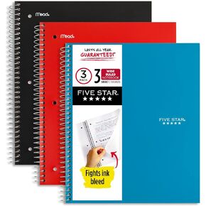 Five Star Spiral Notebooks, 3 Pack, 3 Subject, Wide Ruled Paper, 10 1/2" x 8", Blue, Red, & Black (930081)