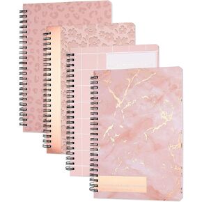 4 Pcs Girls Pink Notebooks, Lined Spiral Journal for Women, A5 Rose Gold Notepad, Wide Ruled, Marble Cover, for Work School Office