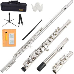 Flutes Closed Hole C for Beginners Kids Student 16 Keys Nickel-plated Flutes - Musical Instrument with Case Stand Cleaning Cloth Gloves Tuning Rod (Silver)