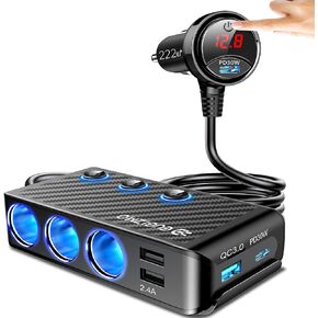 Cigarette Lighter Splitter Adapter, 222W 3 Socket Car Cigarette Lighter Plug Splitter USB Charger Multi Port 12V Car Plug Outlet Splitter with LED Voltage Display Independent Switches