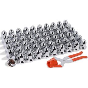 Podoy Chrome 33mm Lug Nut Covers Push on for Semi Trucks, ABS Plastic Bullet Flanged 2-1/2" Height Caps with 33 mm Nut Cover Puller (60 Pack)