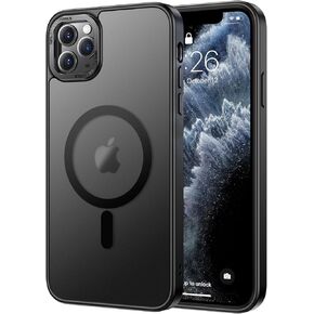 Strong Magnetic for iPhone 11 Case with Screen Protector - Compatible with Wireless Charging, 21ft Military-Grade Drop Tested, Shockproof Slim Fit Translucent Matte Cover - Black
