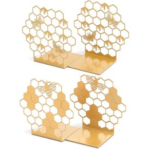 2 Pair Honeycomb and Bees Bookends for Shelves Decorative Bee Inspired Honeycomb Book Ends Metal Non Skid Gold Book Ends Heavy Duty Modern Book Holders L Shaped Book Stopper for Table Home