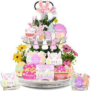 21 PCS Easter Tiered Tray Decorations Set, Tiered Tray Decor 3D Easter Wood Signs Wooden Decorative Trays Farmhouse Rustic Tiered Tray for Home Farmhouse Kitchen Decorations