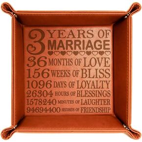 Kate Posh - 3 Years of Marriage Engraved Leather Catchall Valet Tray, Our 3rd Wedding Anniversary, 3 Years as Husband & Wife, Gifts for Her, for Him, for Couples (Rawhide)