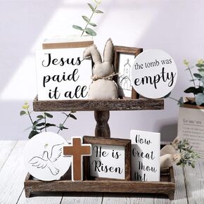 8 Pieces Farmhouse Easter Religious Tiered Tray Decor He is Risen Christ Wooden Sign Bunny for Farmhouse Home Kitchen Coffee Bar Decor