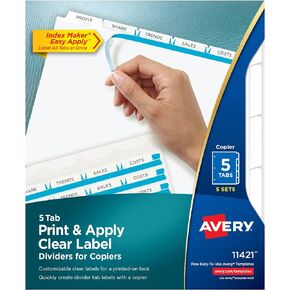 Avery 5-Tab Binder Dividers, Easy Peel Clear Labels for Copiers, Index Maker, White Tabs, 5 Sets (11421)