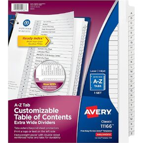 Avery Extra-Wide 26 Tab Dividers for 3 Ring Binders, Customizable Table of Contents, Multicolor Tabs, 1 Set (11166)
