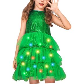 GRAEEN Girls Sequin Tutu Dress Light Up Green Dresses Birthday Party Princess Tulle Dress for Kids 5-6 Years